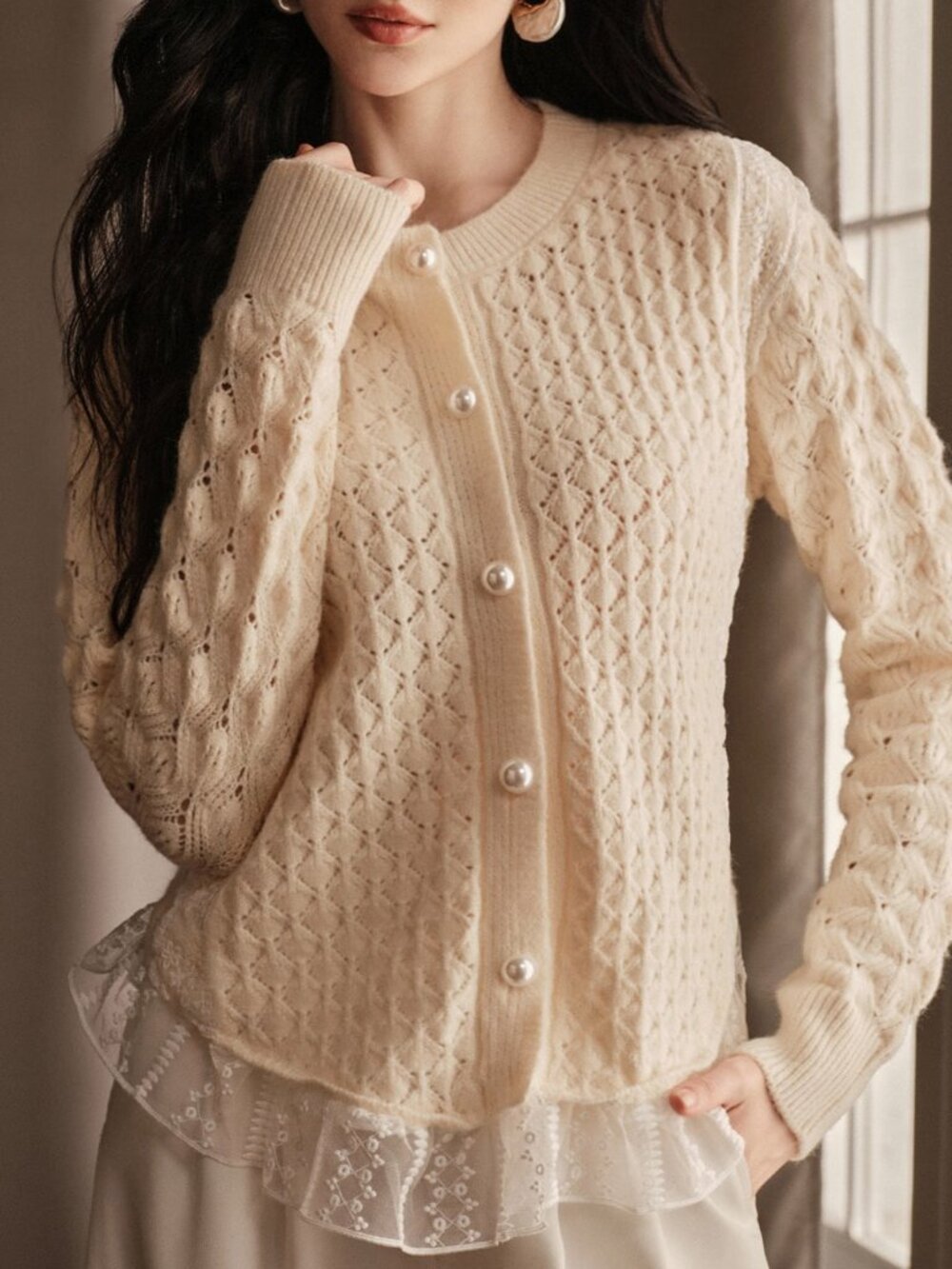 White Casual Women's Pearl Button Hollow Knitted Cardigan